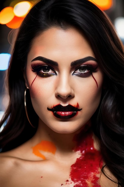 Foto halloween donna americana ricoperta di sangue trucco lacrime di sangue orrore labbra nere sera