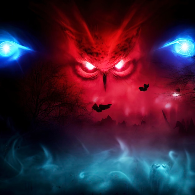 Halloween angstaanjagende donkere achtergrond met magische rode en blauwe lichten boze ogen uilen en vleermuizen silhouetten in mystieke mist