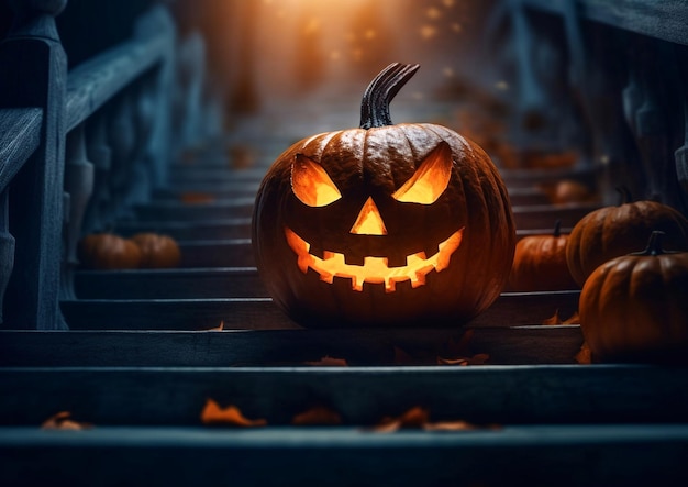 Halloween angstaanjagende pompoen met duivel glimlach op donkere trappen op spookachtige nachtAI Generative