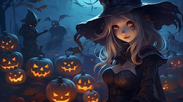 halloween anime girl with pumpkins