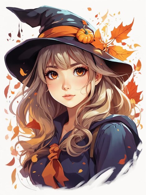 Photo halloween anime style witch costume with pumpkin on hat