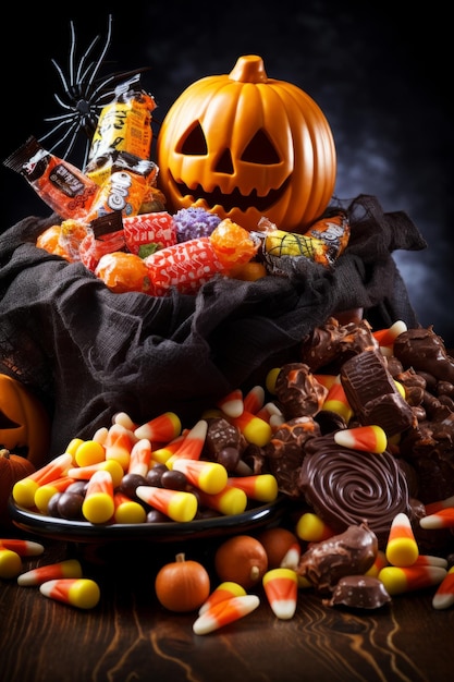 Хэллоуинская аранжировка конфет и шоколада, созданная с помощью генеративной технологии искусственного интеллекта.