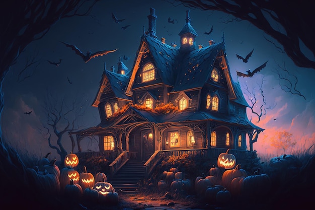 Halloween artwork of a frightening home with pumpkins Illustration depicting a realistic Halloween celebration