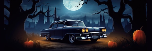Halloween-autobezorging door het enge herfstbos met vleermuizen en griezelige auto bij volle maan op blauw