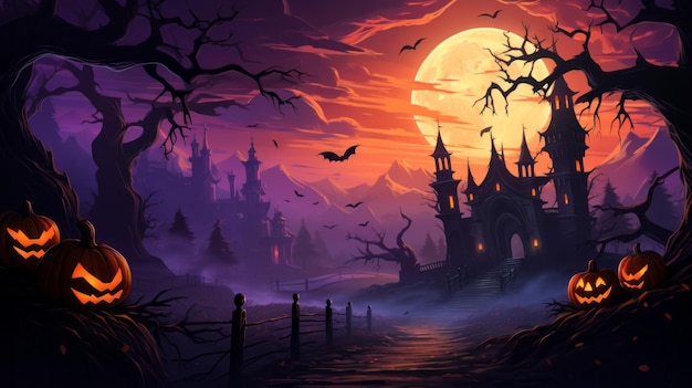 Halloween Backdrop Castle on a hill at sunset 37