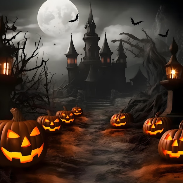 Halloween Backdrop With Pumpkins And Bats Background Created With Generative AI Technology