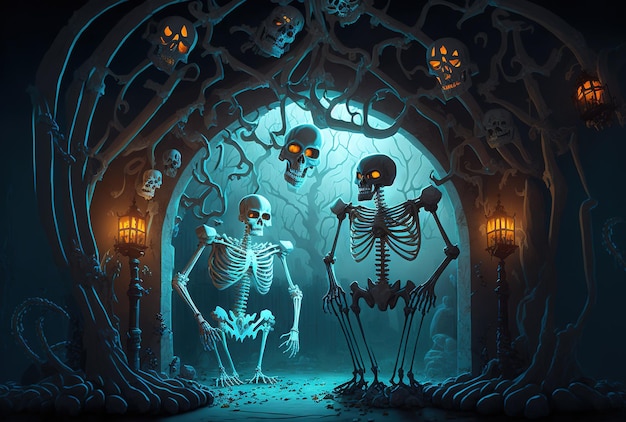 Фон хэллоуина со скелетами, призраками и пауками