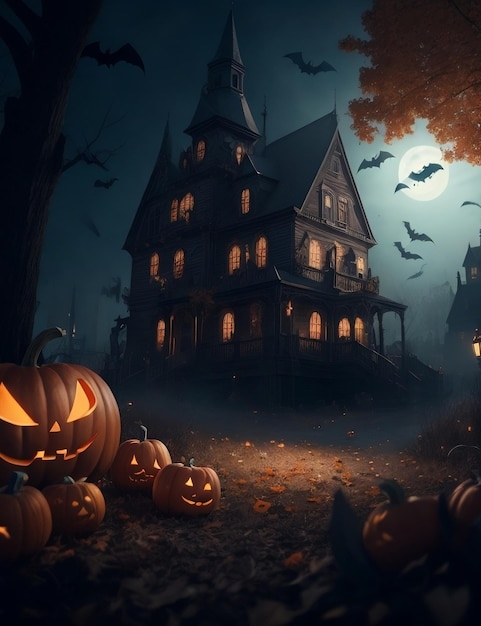 Фото Хэллоуин тыква и дом с привидениями