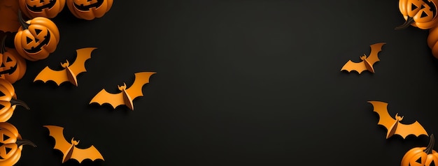 Foto disegno di bordo del banner di sfondo di halloween con pipistrelli e zucche jackolantern
