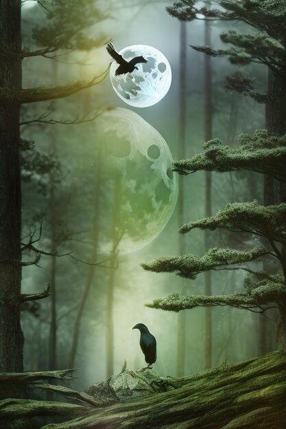 사진 할로윈 배경 검은 까마귀 달과 나무가 있는 짜증스러운 흐린 하늘