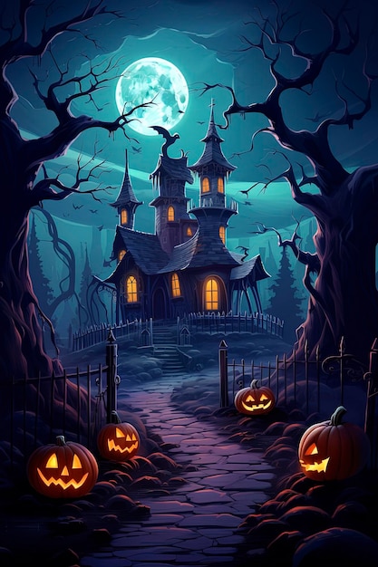 Halloween background capturing a spooky night scene with haunted houses full moon eerie trees