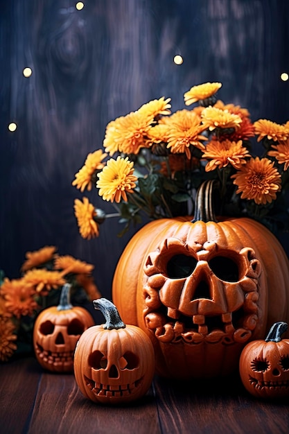 Halloween Background and Carved pumpkin and flowers arrangement