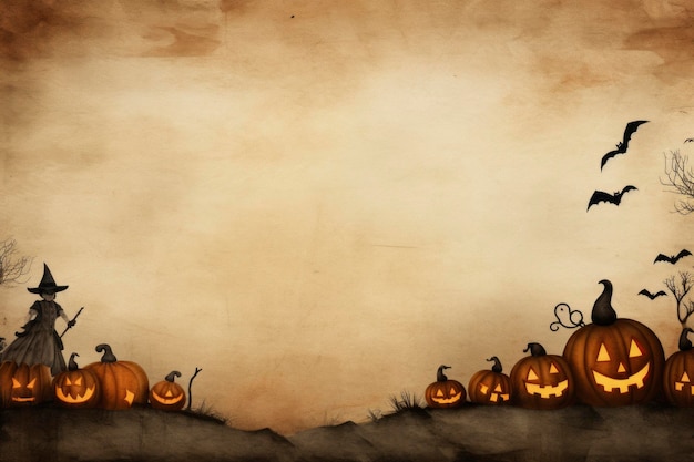 Halloween background in concept of recycle paper art with pumpkins and witch hat 3d render