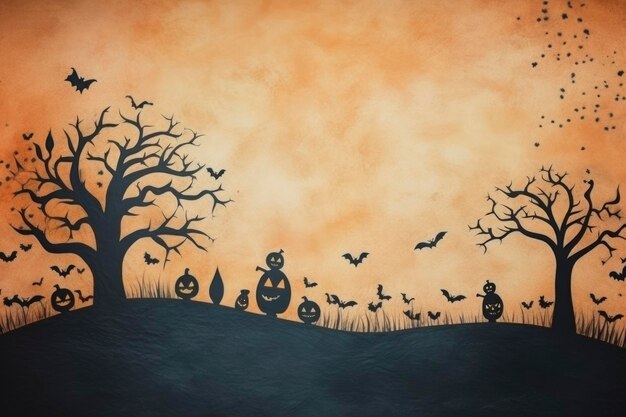 Halloween background in concept of recycle paper art with pumpkins and witch hat 3d render