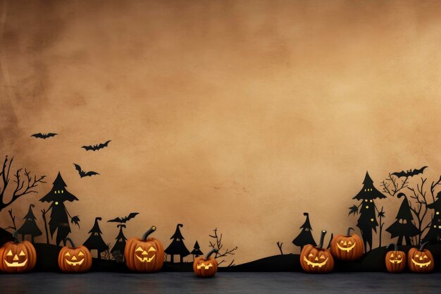 Halloween background in concept of recycle paper art with pumpkins and witch hat 3d render