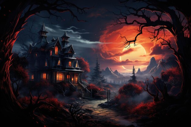 The Halloween background cover illustration scary cemetery and house