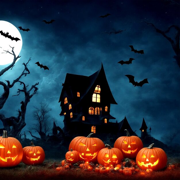 Photo halloween background design with pumpkins in a cemetery