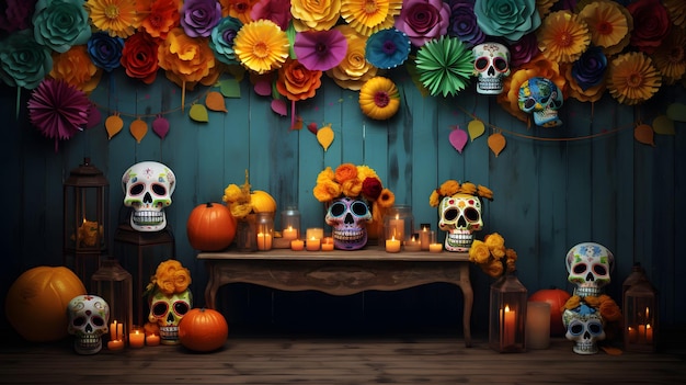 Halloween background dia de los muertos day of the dead skull art wallpaper design pumpkin