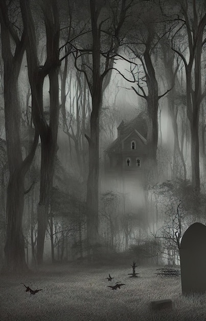 Halloween background, digital illustration of a victorian haunted house in a dense spooky forest