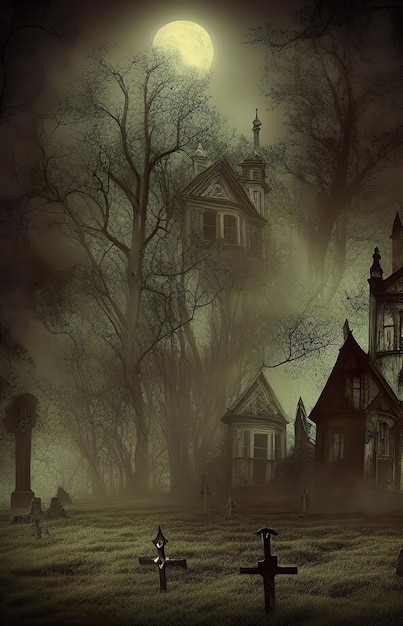 Halloween background, digital illustration of a victorian haunted house in a dense spooky forest