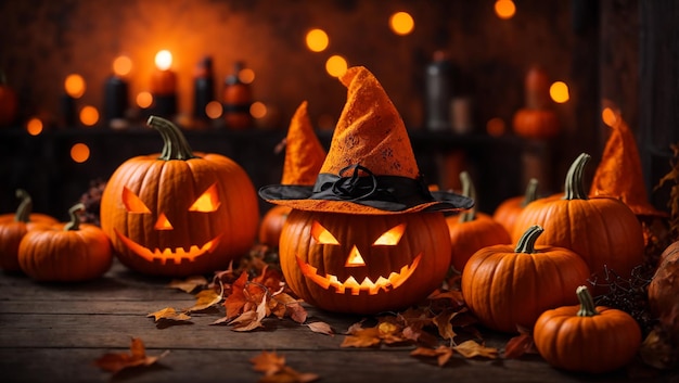 Halloween background fantastic glowing pumpkins orange witch hats bright background