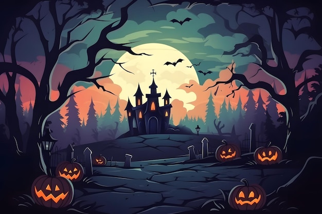 Foto disegno piatto di sfondo di halloween di notte