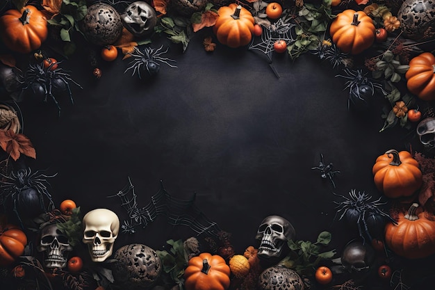 Halloween background flat lay a haunted evil glowing eyes of Jack O Lanterns and pumpkins on dark background Decoration and banner