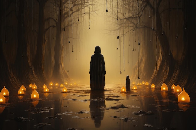 Хэллоуин фон лес с фонарями и летучими мышами светящиеся тыквы дома с привидениями в полнолуние