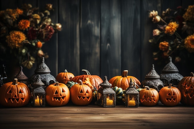 Хэллоуин фон Группа Хэллоуин тыквы Джек o фонарь на деревянном фоне