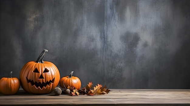 Halloween background Halloween pumpkin and autumn leaves on a wooden base and empty background Copy space