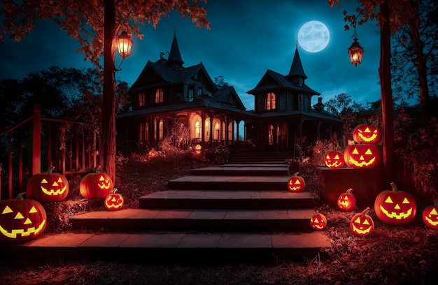 halloween background Halloween pumpkin head jack lantern with burning candles on stairs and bench near house with black door Generative AI