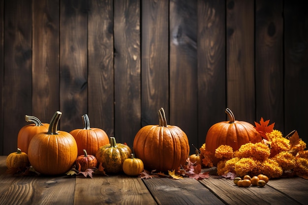 Halloween background Halloween pumpkins on wooden surface copy space for text Halloween season