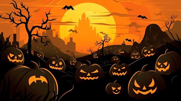 Halloween background Halloween wallpaper with pumpkins spooky houses and ghosts