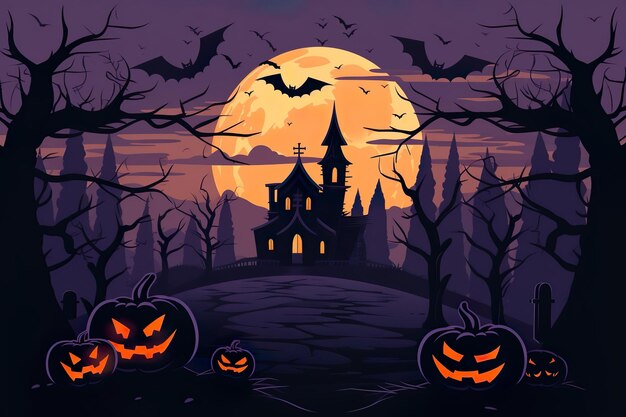 Halloween background haunted castle full moon on Halloween night Ai generated
