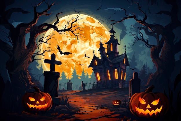 Halloween background haunted house and full moon