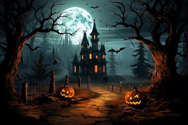 Halloween background haunted house and full moon