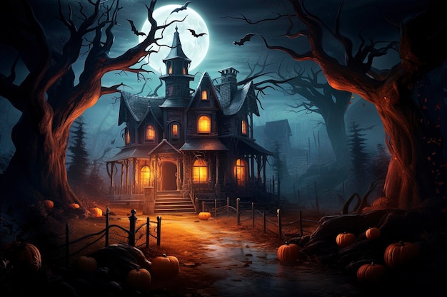 Halloween background haunted house and full moon