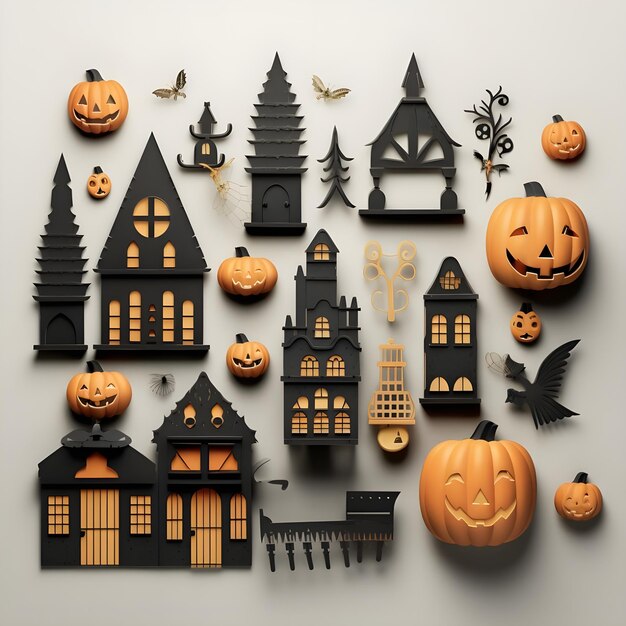 Halloween background icons of haunted house pumpkins bats and candles