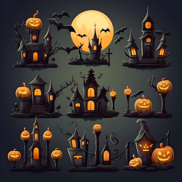 Halloween background icons of haunted house pumpkins bats and candles