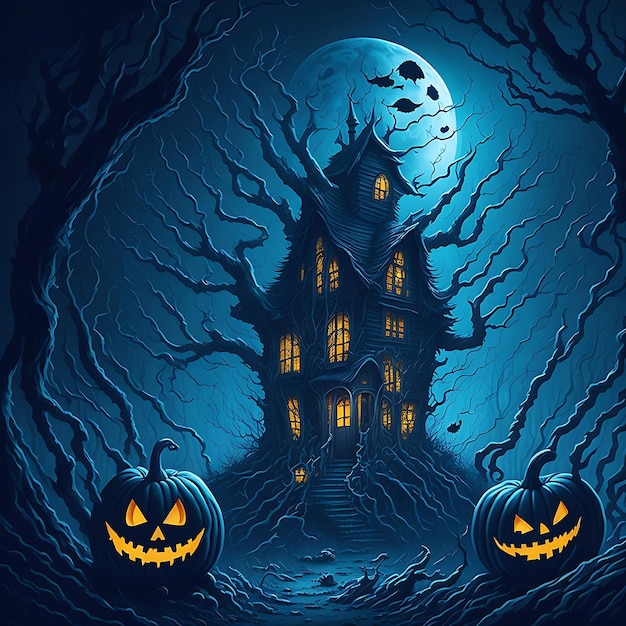 Halloween background illustration with ghost house dead tree and creepy pumpkins