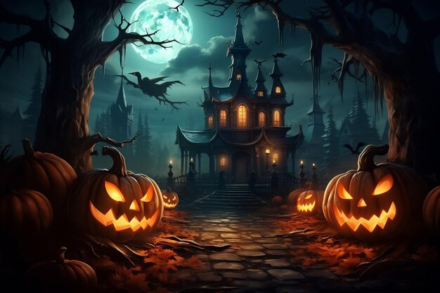 Halloween background Jack or lantern against the backdrop of a mystical castle and a gloomy forest