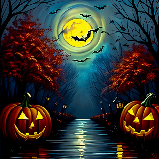 Halloween background Jack o Lanterns in river with light moon