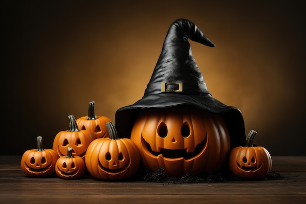 Halloween background a large pumpkin in a black hat surrounded by small cheerful carved pumpkins