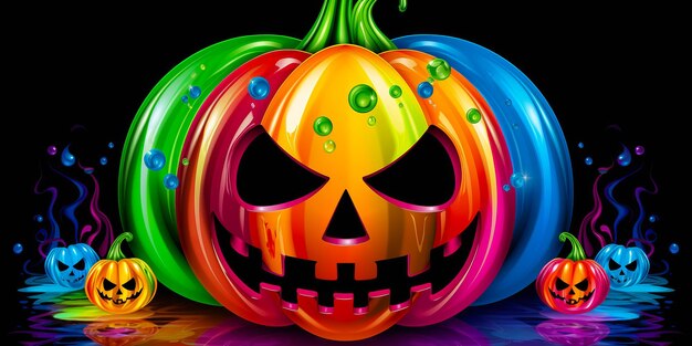 Foto sfondo di halloween molte jack o lanterne colorate zucche diverse spaventose facce scolpite modello