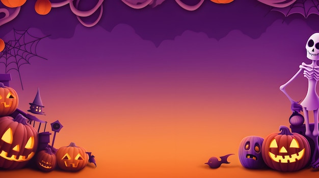 Halloween background pumpkins skulls spiders and dark castle purple and orange background