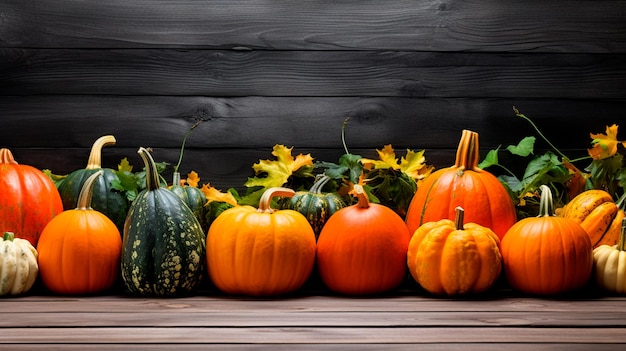 halloween background of pumpkins on wooden table autumn harvest concept