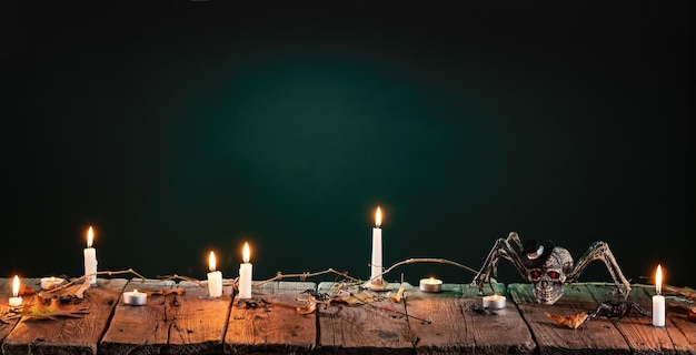 Halloween background Scary black spider candles and leaves on wooden planks table with night neon backdrop