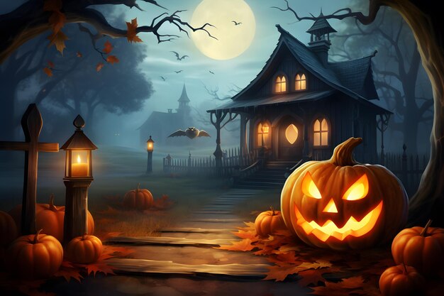 Хэллоуин фон страшный замок с привидениями плакат ai создан