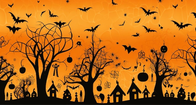 Halloween background silhouette of treeshousesspookybatsspiderscatsghostsjackolanterns