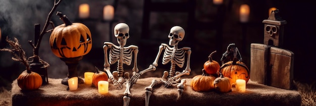 Halloween background The skeleton sits on the table next to the pumpkins bannerai